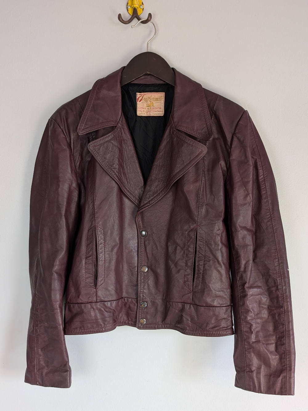 Vintage Weathermate Maroon Leather Cropped Snap Closure Wide Collar Jacket, S